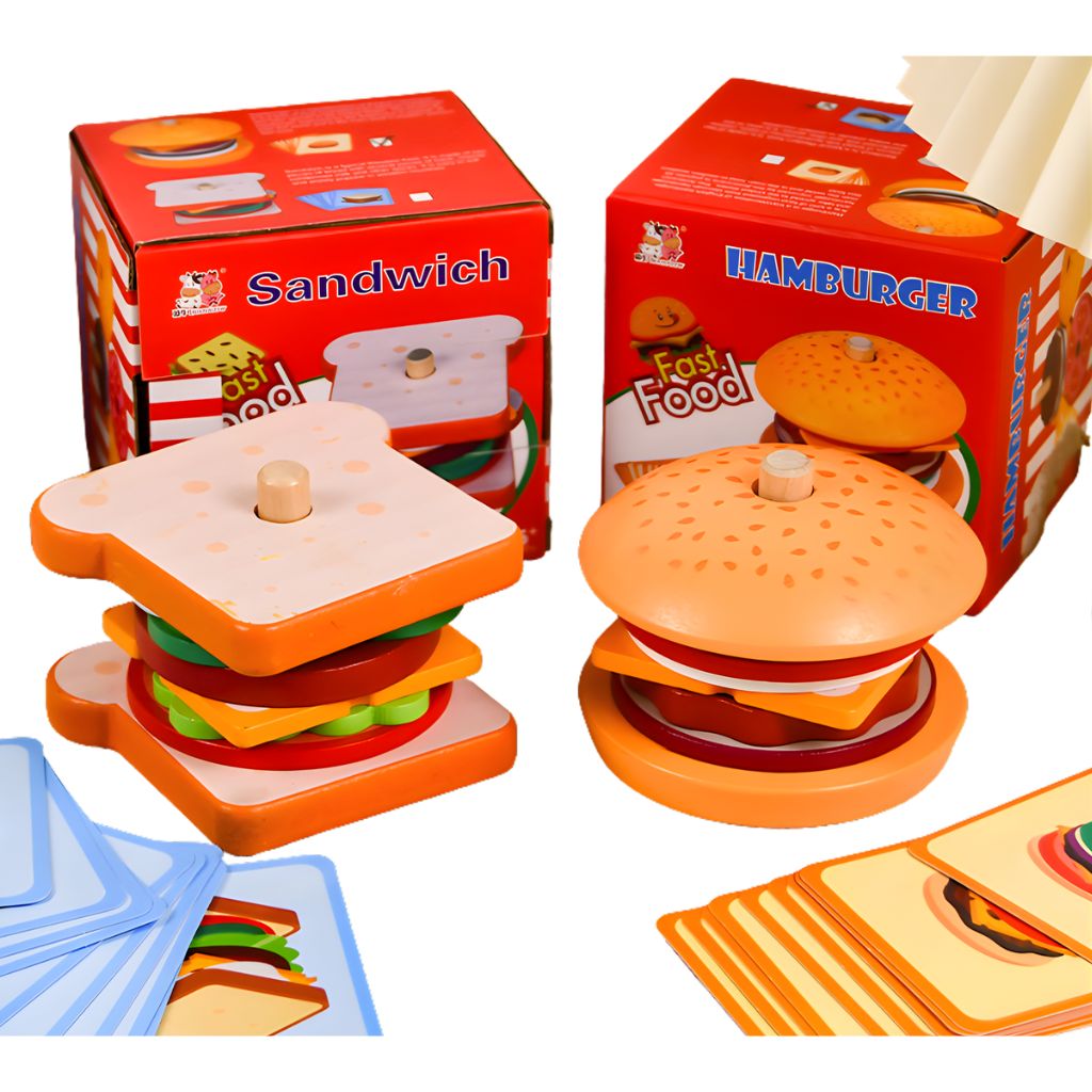 Hamburguesa Didáctica Apilable con Tarjetas de Recetas (Madera)