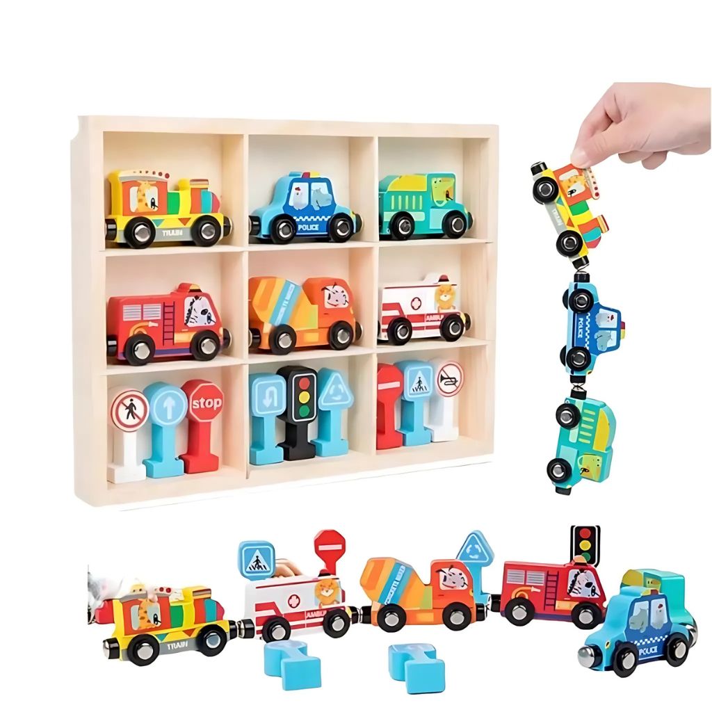 Set de Vehículos de Madera Imantados con Señales de Tránsito