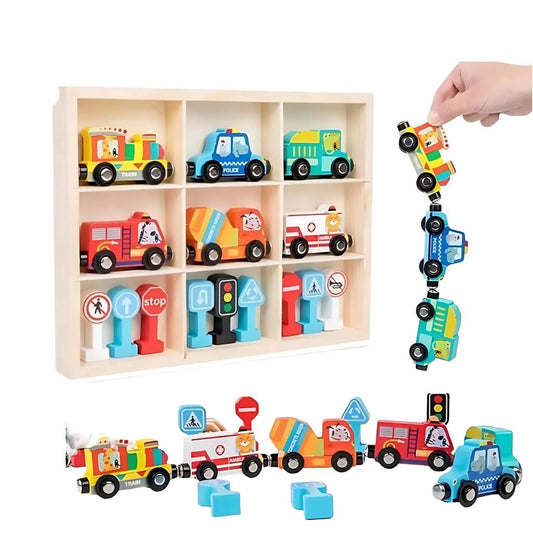Set de Vehículos de Madera Imantados con Señales de Tránsito