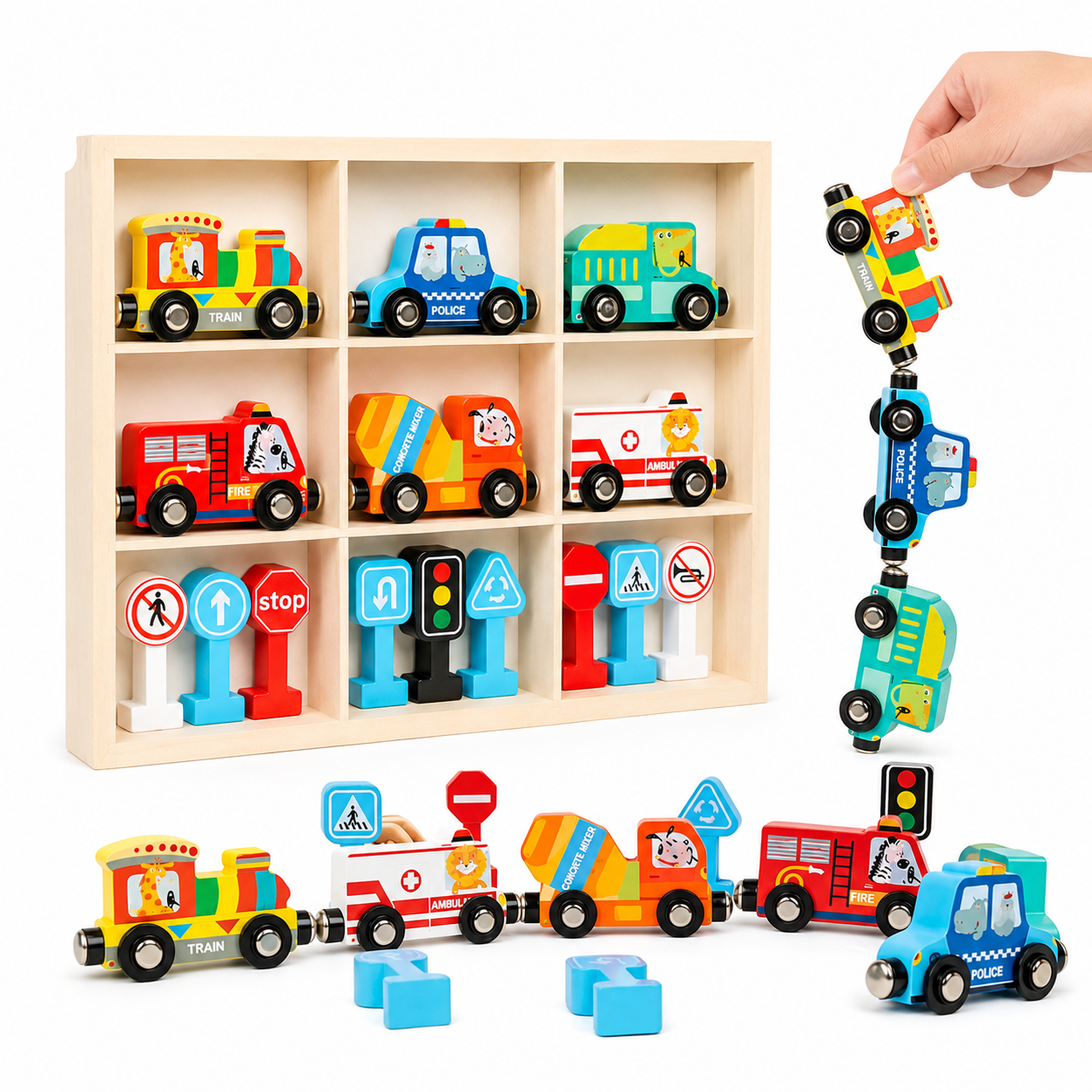 Set de Vehículos de Madera Imantados con Señales de Tránsito - 15 Piezas