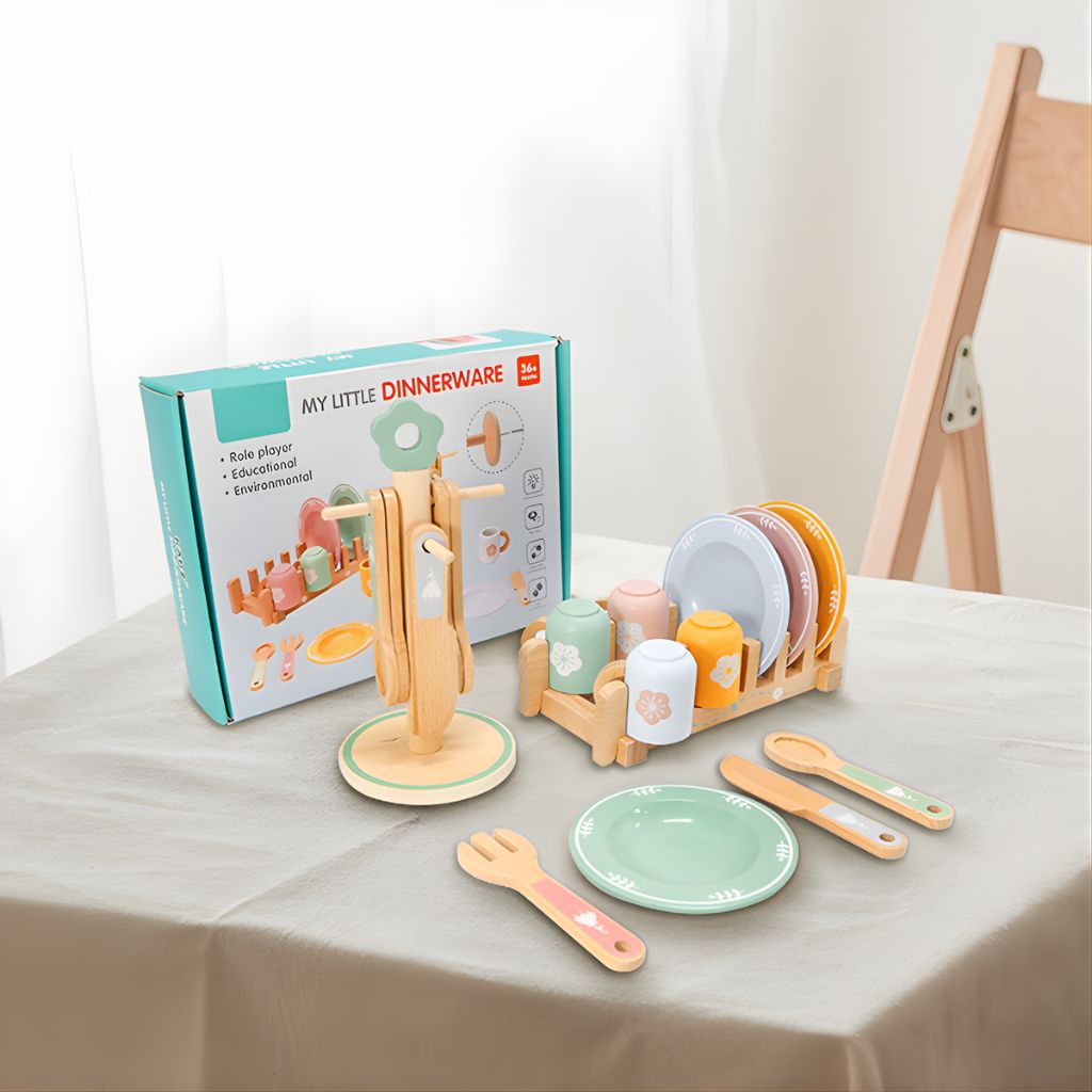 Set de Vajilla de Madera Completo con Escurridor y Porta-Utensilios