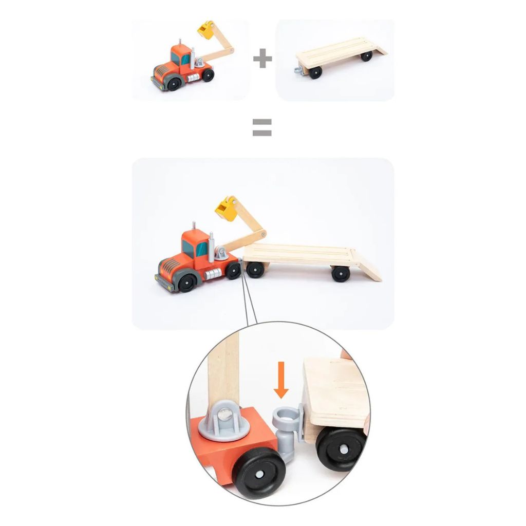 Camión Transportador con Vehículos de Construcción de Madera (10 Piezas)