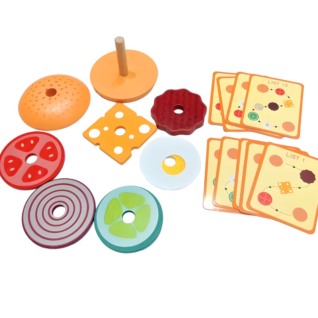 Hamburguesa Didáctica Apilable con Tarjetas de Recetas (Madera)