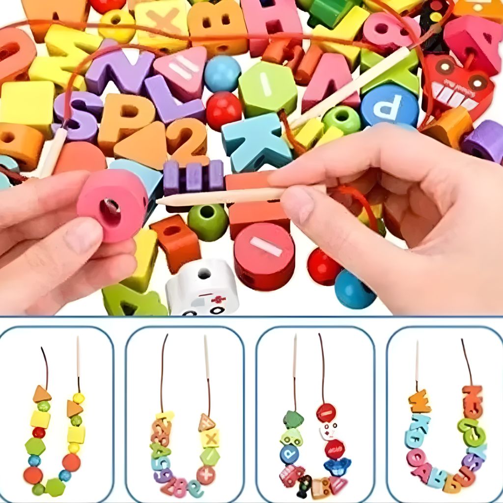 Juego Enhebrable de Letras, Números y Vehículos