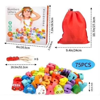 Juego Enhebrable de Letras, Números y Vehículos