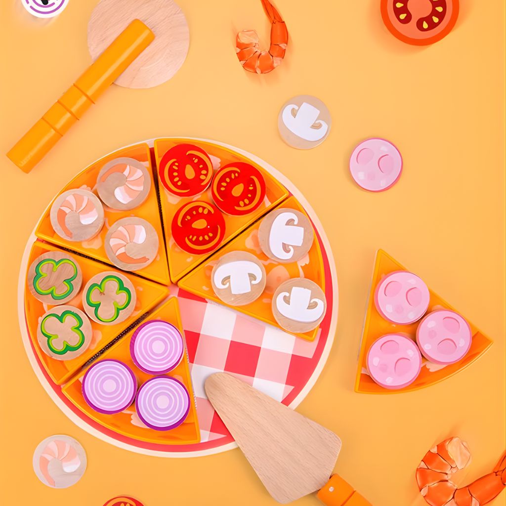 Juego de Pizza de Madera con Ingredientes y Accesorios con Velcro