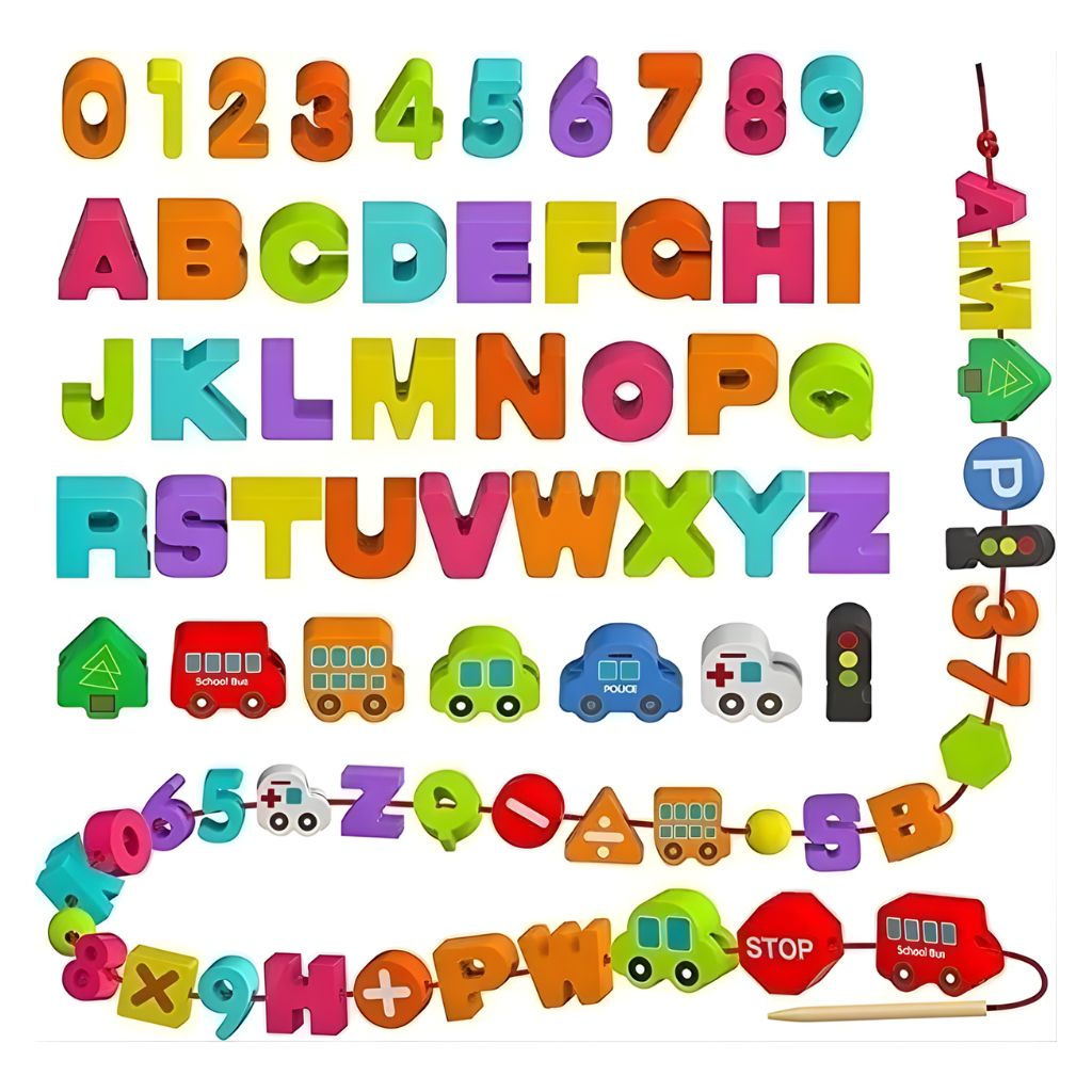 Juego Enhebrable de Letras, Números y Vehículos