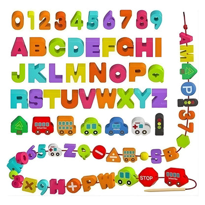 Juego Enhebrable de Letras, Números y Vehículos