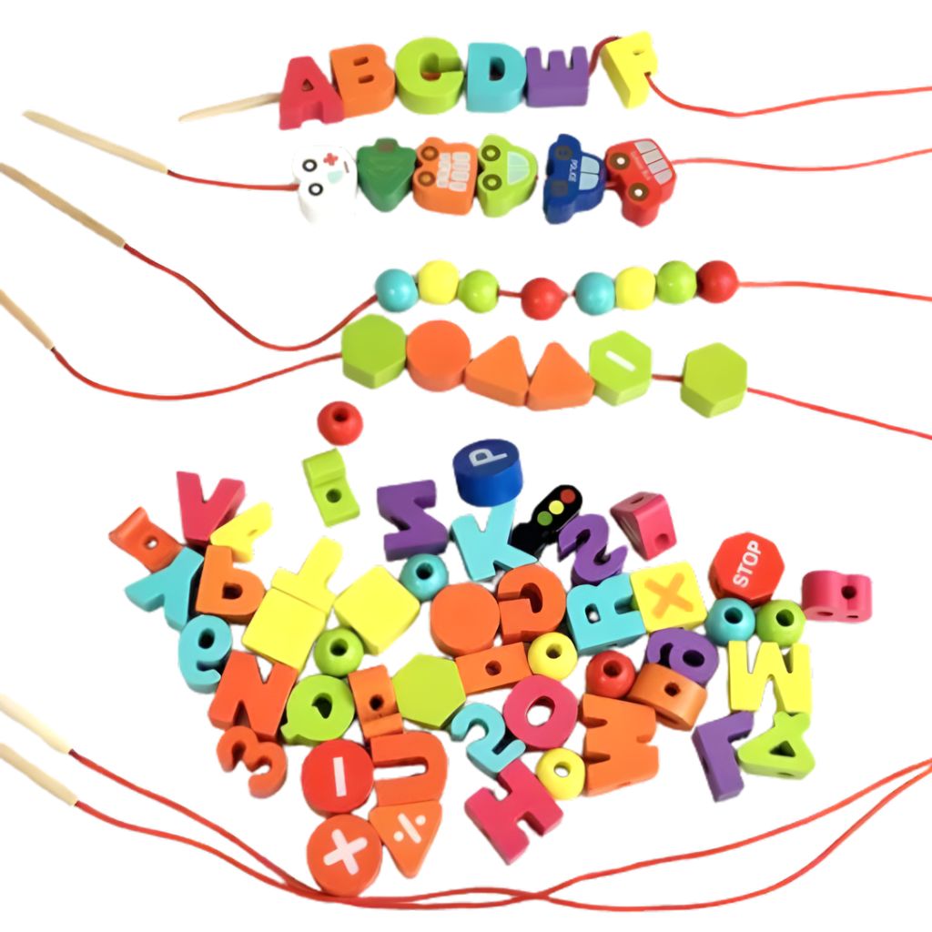 Juego Enhebrable de Letras, Números y Vehículos