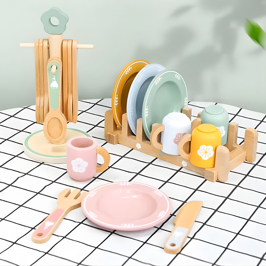 Set de Vajilla de Madera Completo con Escurridor y Porta-Utensilios