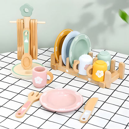 Set de Vajilla de Madera Completo con Escurridor y Porta-Utensilios