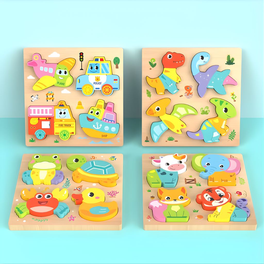 Set 4 Rompecabezas de Madera – Dinosaurios, Animales y Vehículos