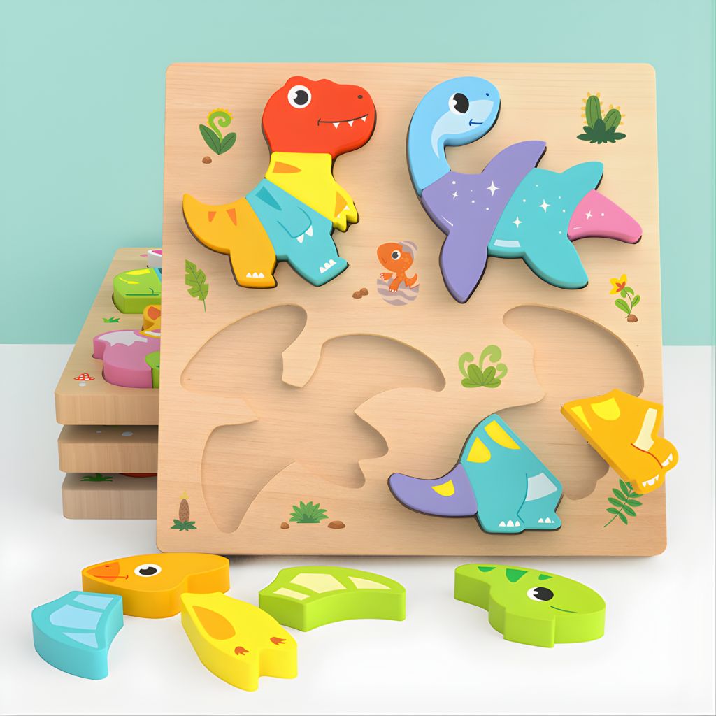 Set 4 Rompecabezas de Madera – Dinosaurios, Animales y Vehículos