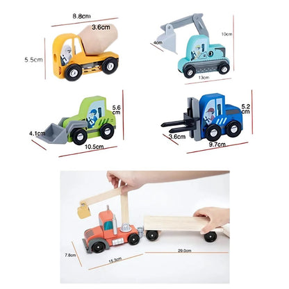 Camión Transportador con Vehículos de Construcción de Madera (10 Piezas)