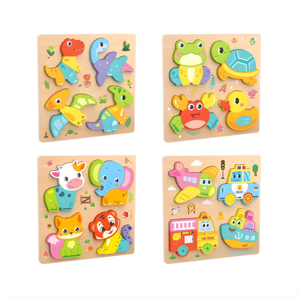 Set 4 Rompecabezas de Madera – Dinosaurios, Animales y Vehículos