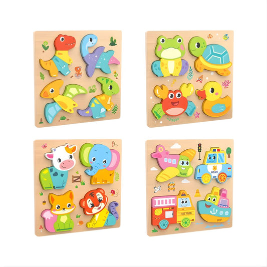Set 4 Rompecabezas de Madera – Dinosaurios, Animales y Vehículos