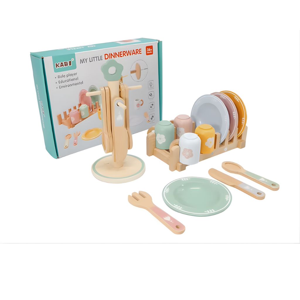 Set de Vajilla de Madera Completo con Escurridor y Porta-Utensilios