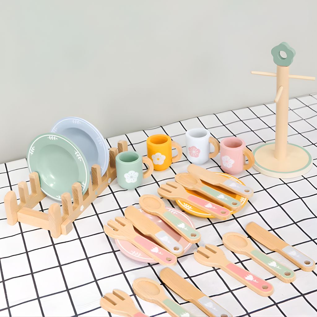 Set de Vajilla de Madera Completo con Escurridor y Porta-Utensilios