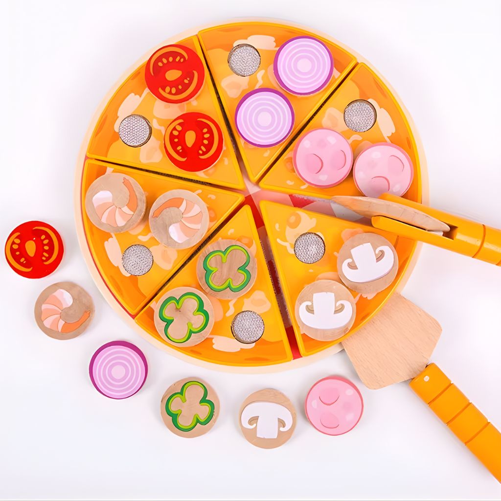 Juego de Pizza de Madera con Ingredientes y Accesorios con Velcro