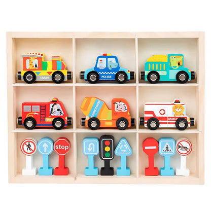 Set de Vehículos de Madera Imantados con Señales de Tránsito