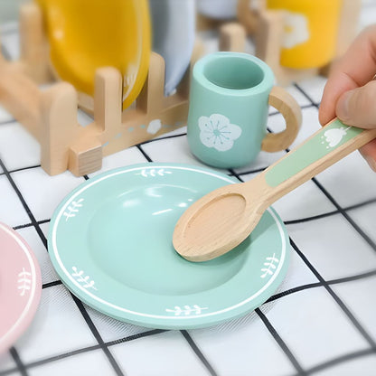 Set de Vajilla de Madera Completo con Escurridor y Porta-Utensilios