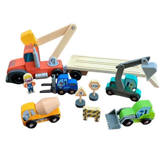 Camión Transportador con Vehículos de Construcción de Madera (10 Piezas)