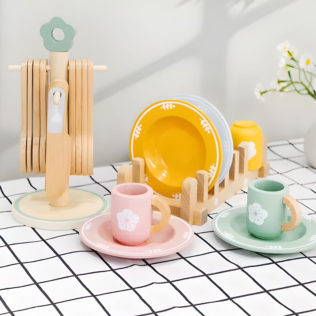 Set de Vajilla de Madera Completo con Escurridor y Porta-Utensilios