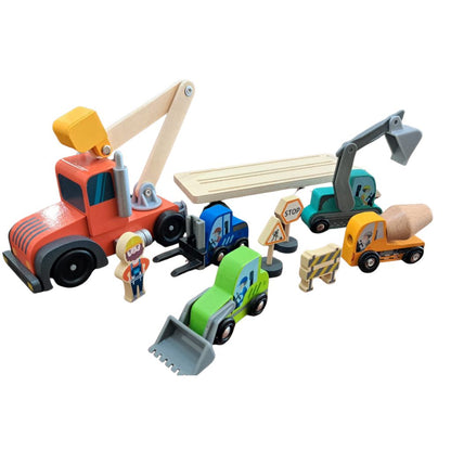Camión Transportador con Vehículos de Construcción de Madera (10 Piezas)