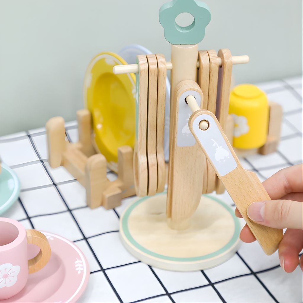 Set de Vajilla de Madera Completo con Escurridor y Porta-Utensilios