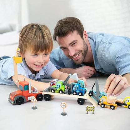 Camión Transportador con Vehículos de Construcción de Madera (10 Piezas)
