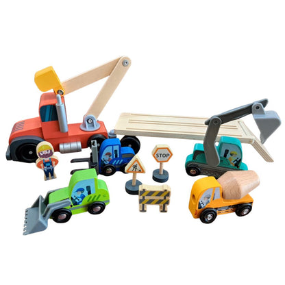 Camión Transportador con Vehículos de Construcción de Madera (10 Piezas)